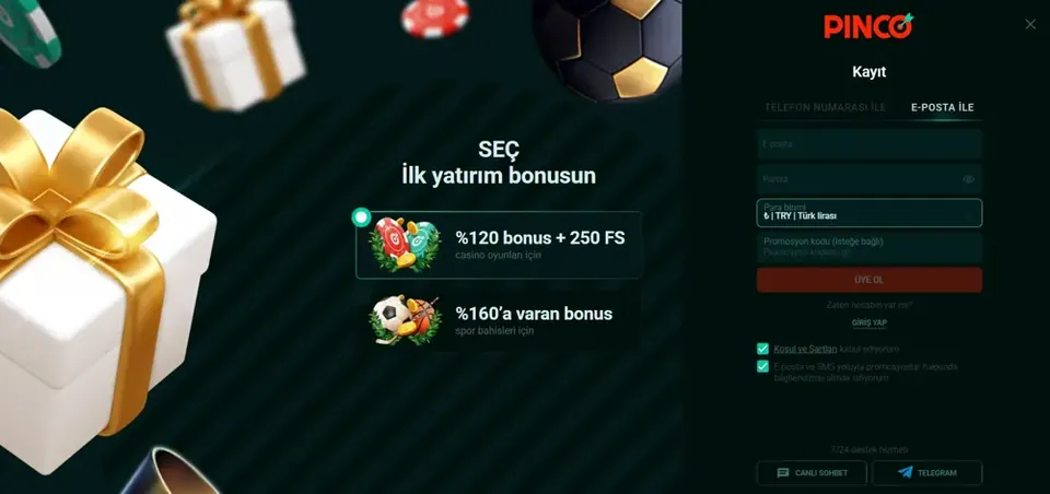 Pinco Casino giriş ekranında e-posta ve parola alanlarının doldurulduğu Pinco TR kayıt formu